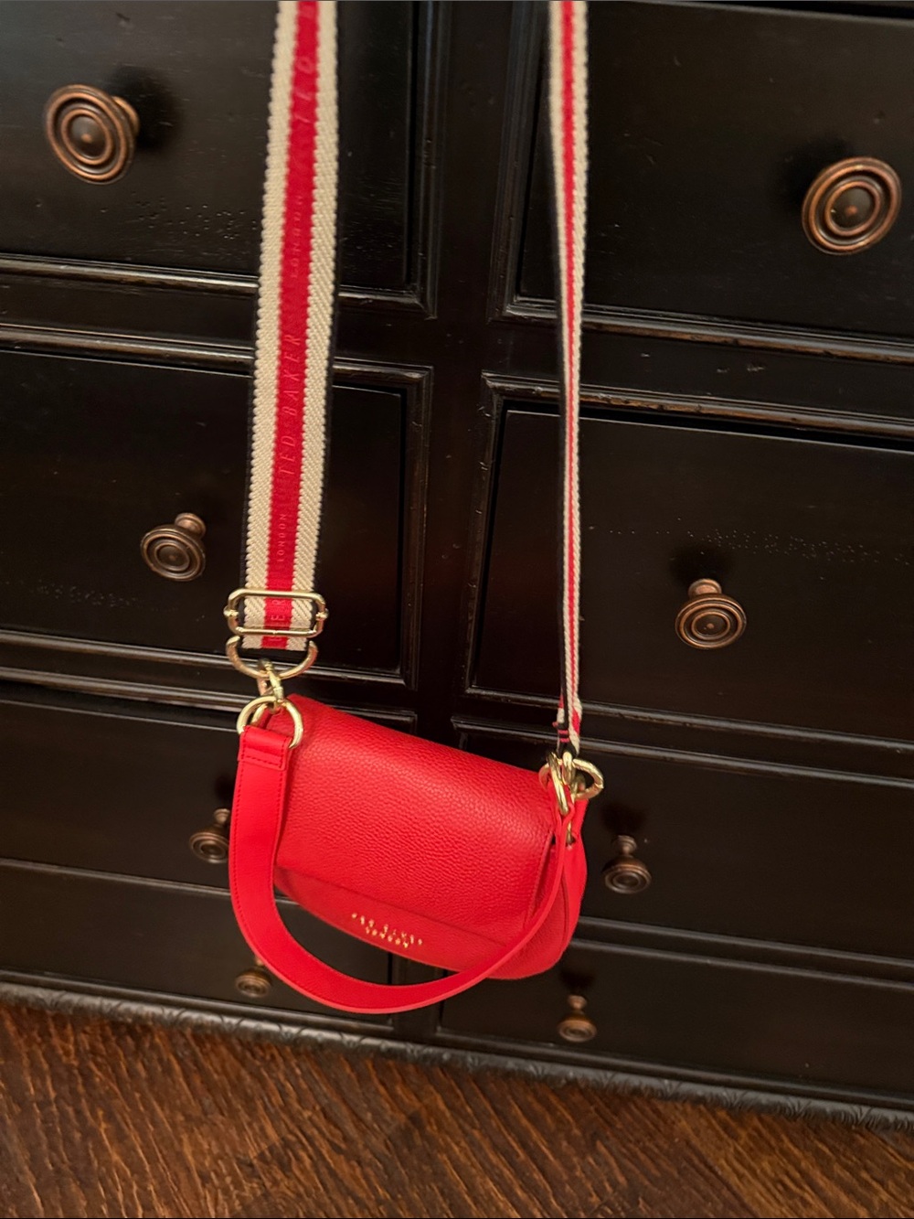 Ted Baker Bright Red Pebbled Leather Crossbody with Striped Strap - Picture 5 of 7